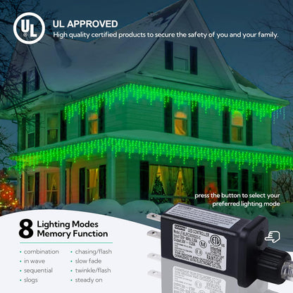 Hopolon 33FT 360L LED Christmas Icicle Lights Outdoor Waterproof,8 Modes Plug in Curtain String