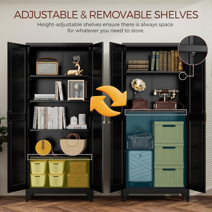 75" Kitchen Pantry Cabinet, Black Metal Storage Cabinets with 2 Doors and 4 Adjustable Shelves