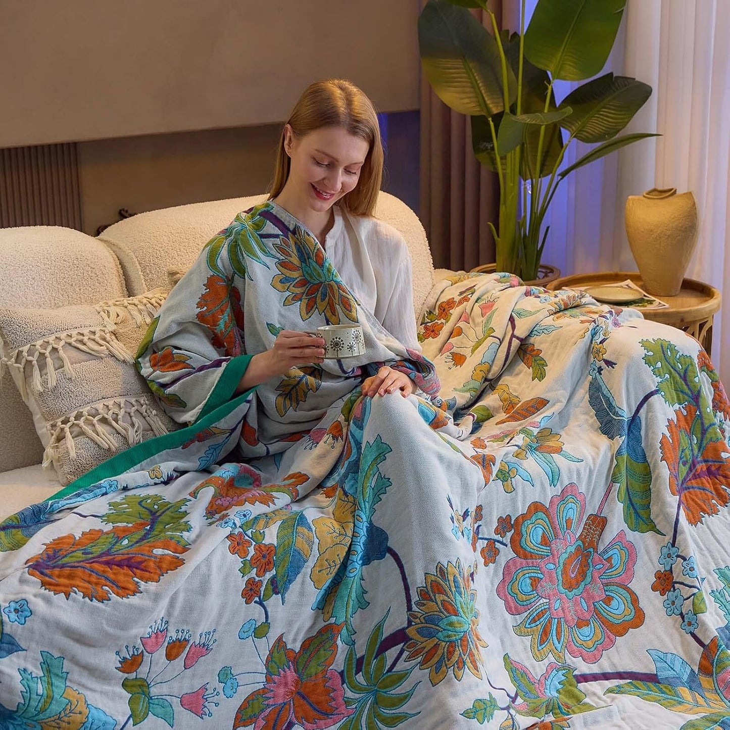 Summer Throw Blanket, 90"x98" Reversible Bohemian Flower Blanket, 100% Cotton Muslin Breathable