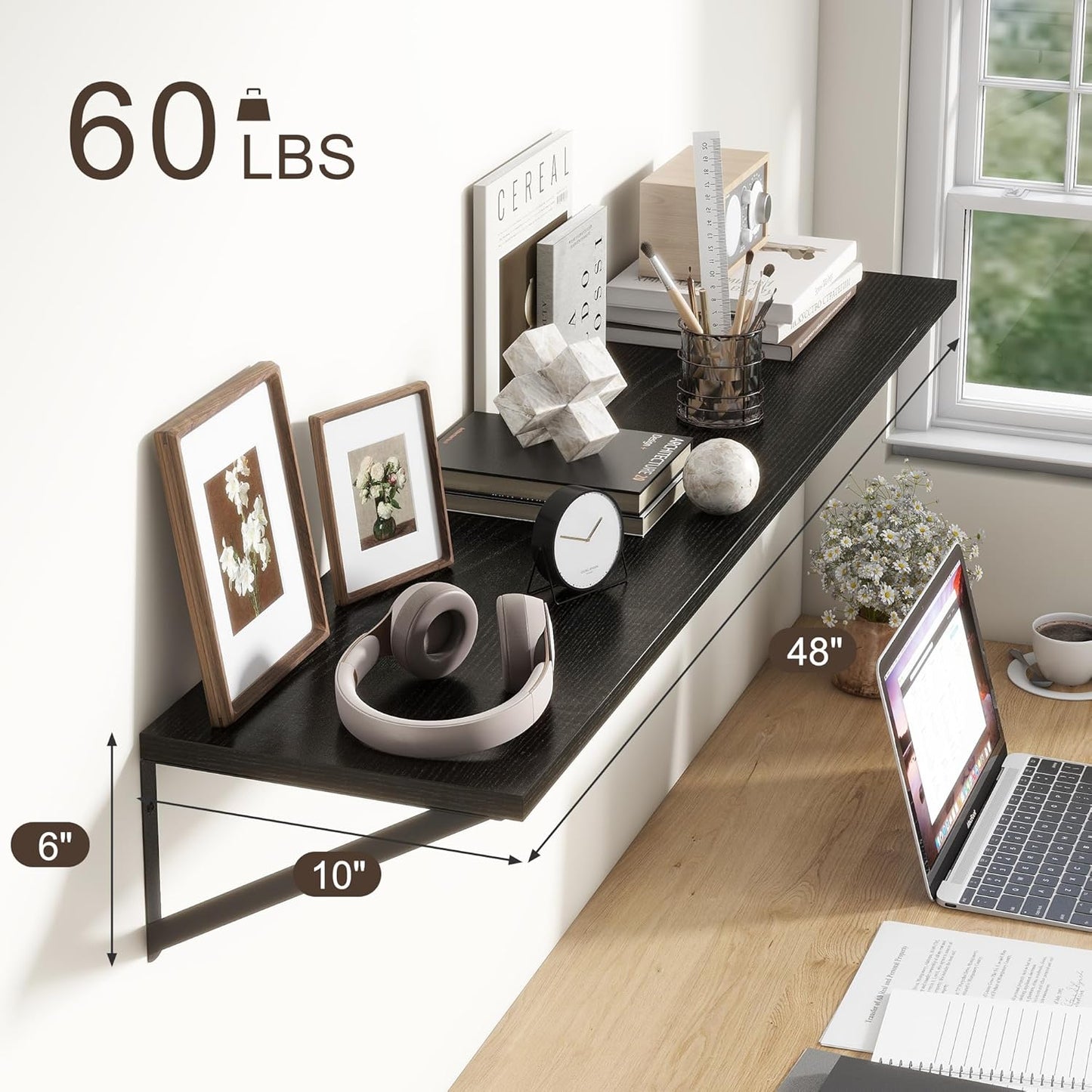 Floating Shelves 48 Inch Long, 10" Deep Floating Shelves, Black Wall Shelves 48 x 10, Set of 2