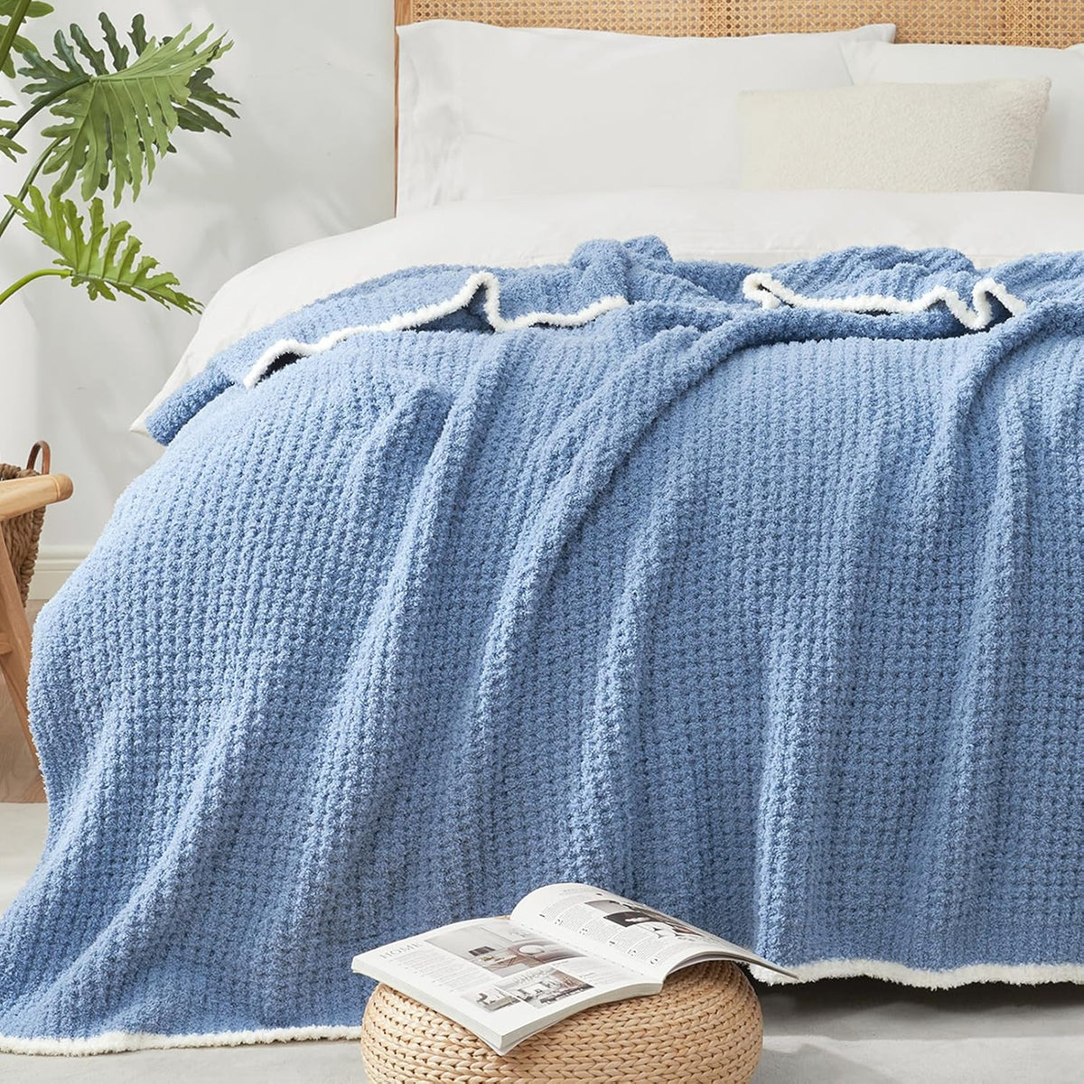 Snuggle Sac Ultra Soft Waffle Throw Blanket for Couch Bed Sofa 50x60 inches, Reversible Blue
