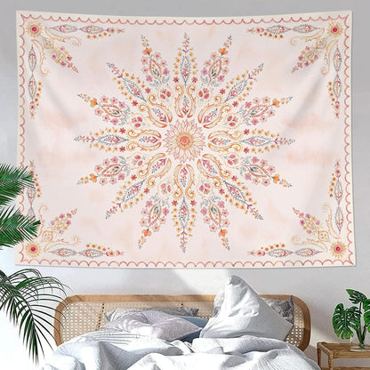 Fowocu Boho Floral Mandala Tapestry for Bedroom Aesthetic Pink Bohemian Flower Wall Tapestry