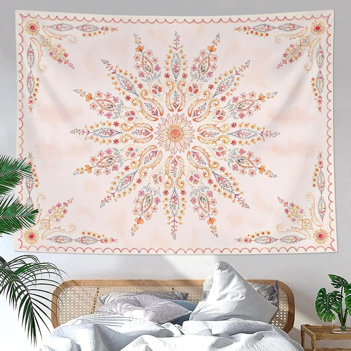 Fowocu Boho Floral Mandala Tapestry for Bedroom Aesthetic Pink Bohemian Flower Wall Tapestry
