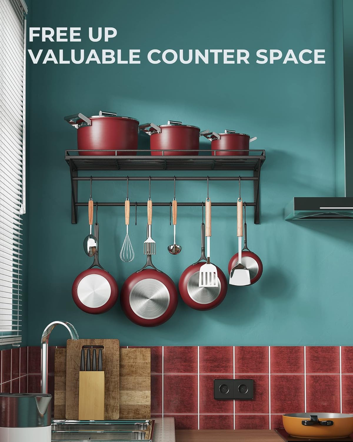 OROPY 23 Inch Wall Mounted Pot Rack Storage Shelf with 2 Tier Hanging Rails 12 S Hooks included