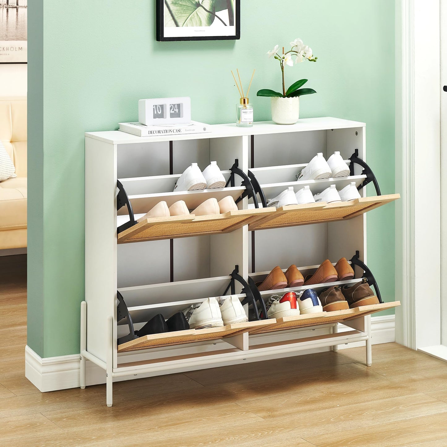 IDEALHOUSE Rattan Shoe Storage Cabinet with 4 Flip Drawers, Freestanding Shoe Organizer with