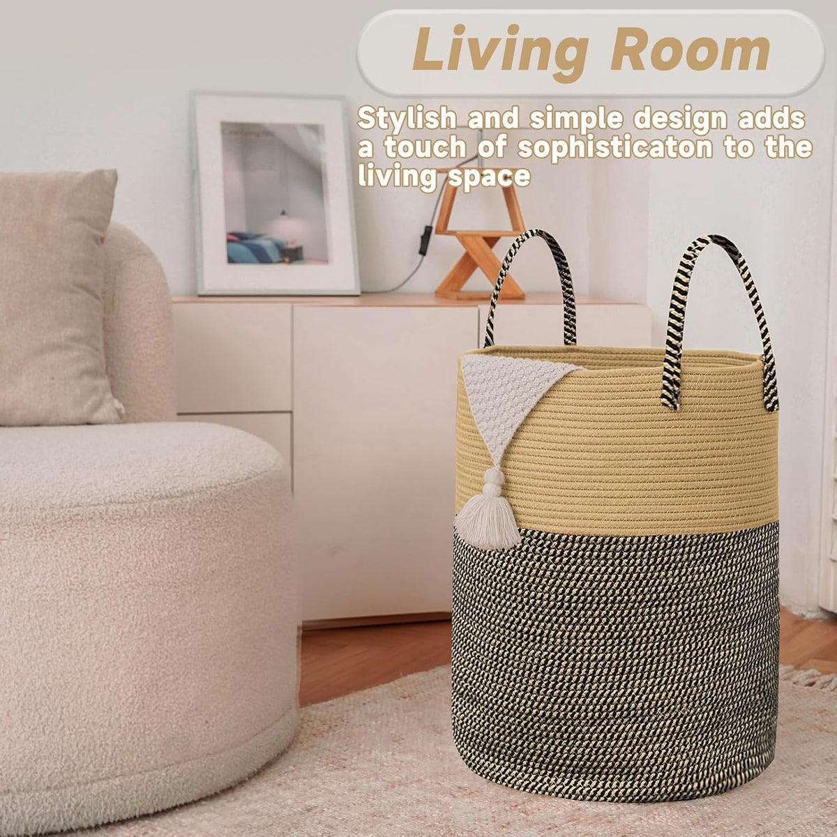 Large Woven Laundry Basket Hamper,100L Cotton Rope Storage Bin for Blankets,Toys and