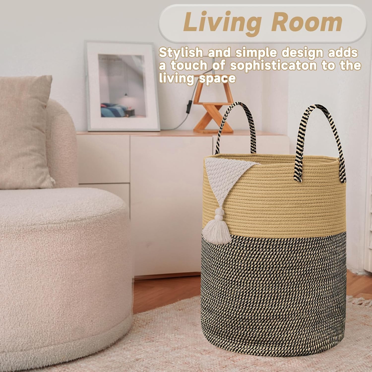 Large Woven Laundry Basket Hamper,100L Cotton Rope Storage Bin for Blankets,Toys and
