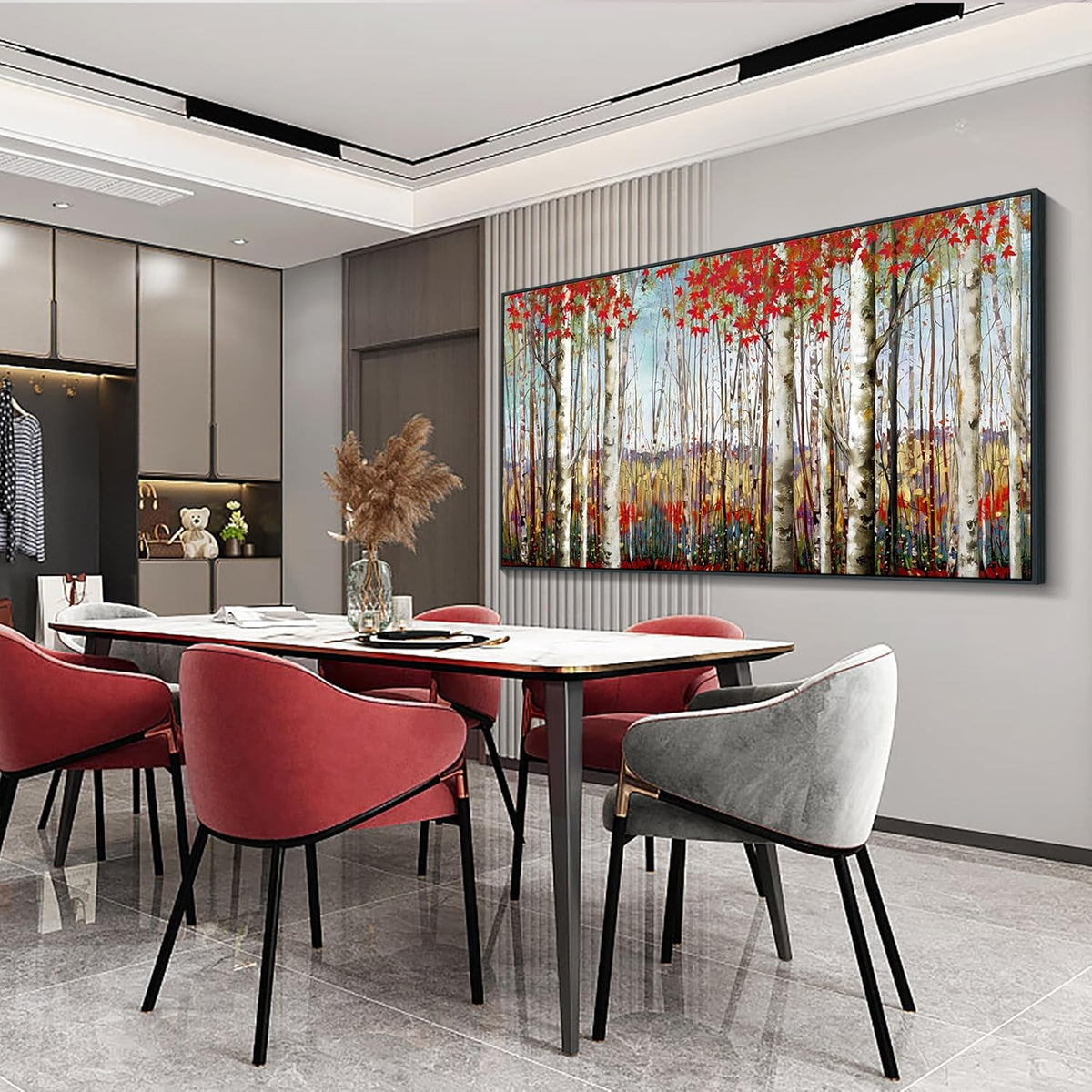 Mofutinpo Large Framed Wall Decor canvas Red Leaves White Birch Tree Wall Art For Living Room