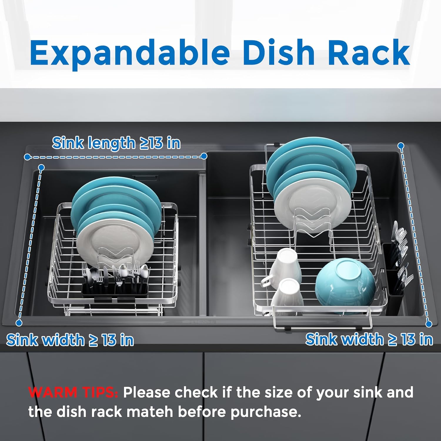 MAJALiS Expandable in Sink Dish Drying Rack - Adjustable Capacity (11.3''-17''L) Stainless Steel