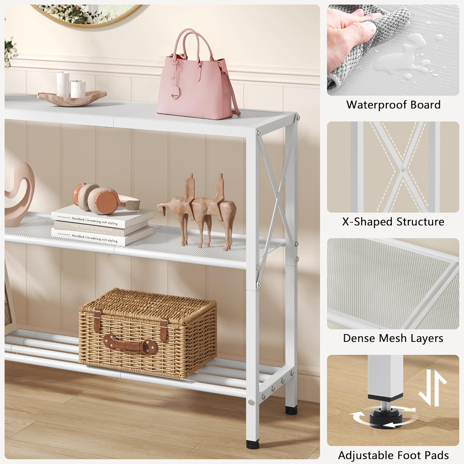 Hoctieon White Industrial Console Table, 3 Tier Entryway Tables, Hallway Desk, Narrow Sofa Tables