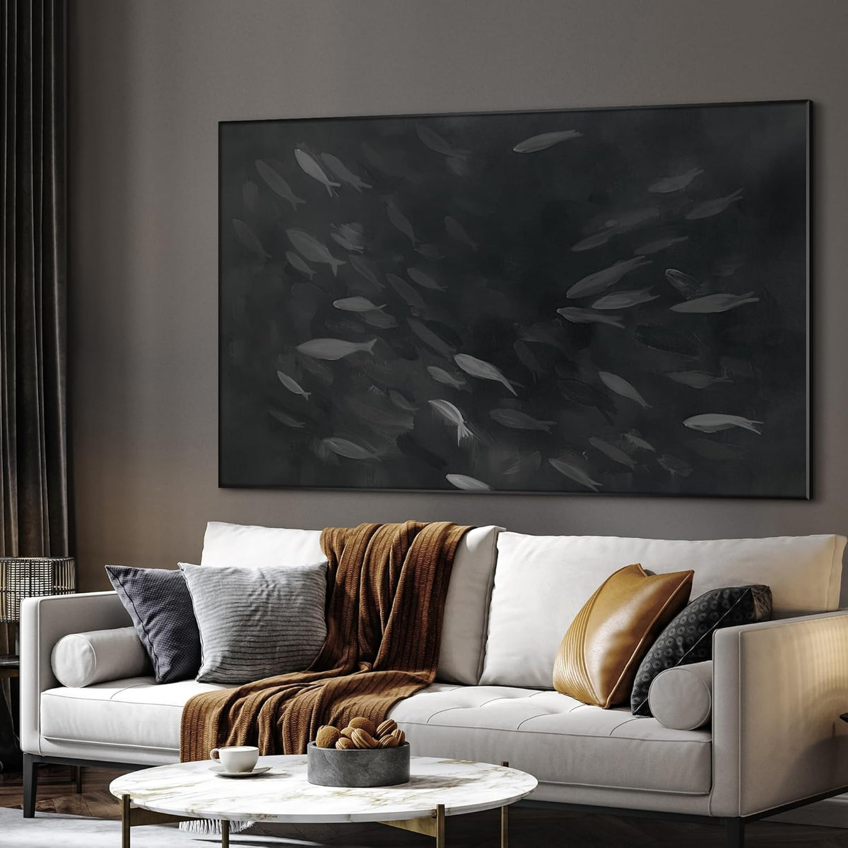 SIGNWIN 46"x72" Extra Large Framed Wall Art Monochrome Fish Silhouettes Illustration for Home