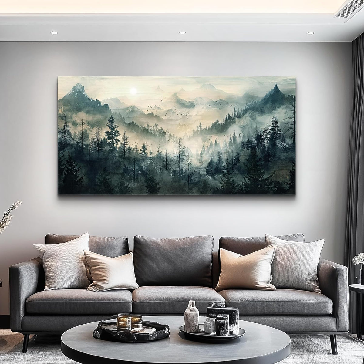 KELIYUAN Large Canvas Misty Forest Wall Art Mountain View Home Decor For Living Room Bedroom Office