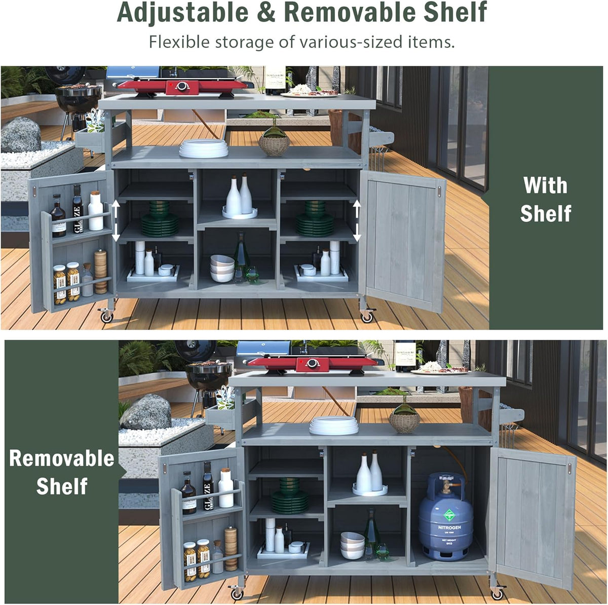 50.25" Outdoor Kitchen Island with Rolling Bar Cart & Storage Cabinet, Farmhouse Solid Wood Grill
