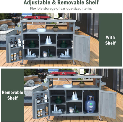 50.25" Outdoor Kitchen Island with Rolling Bar Cart & Storage Cabinet, Farmhouse Solid Wood Grill