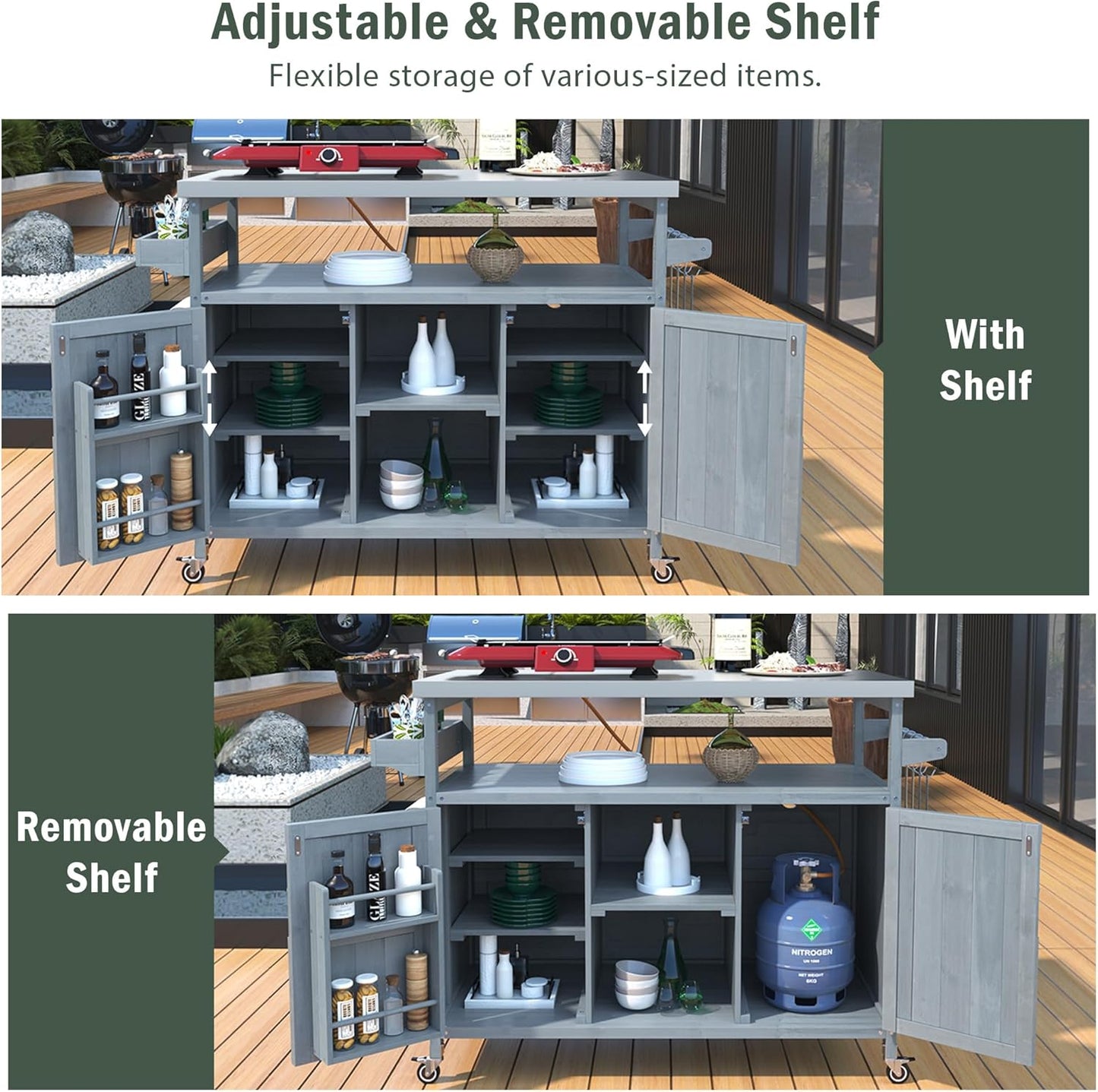Outdoor Kitchen Island, Rolling Bar Cart & Storage Cabinet, Farmhouse Solid Wood Outdoor Grill