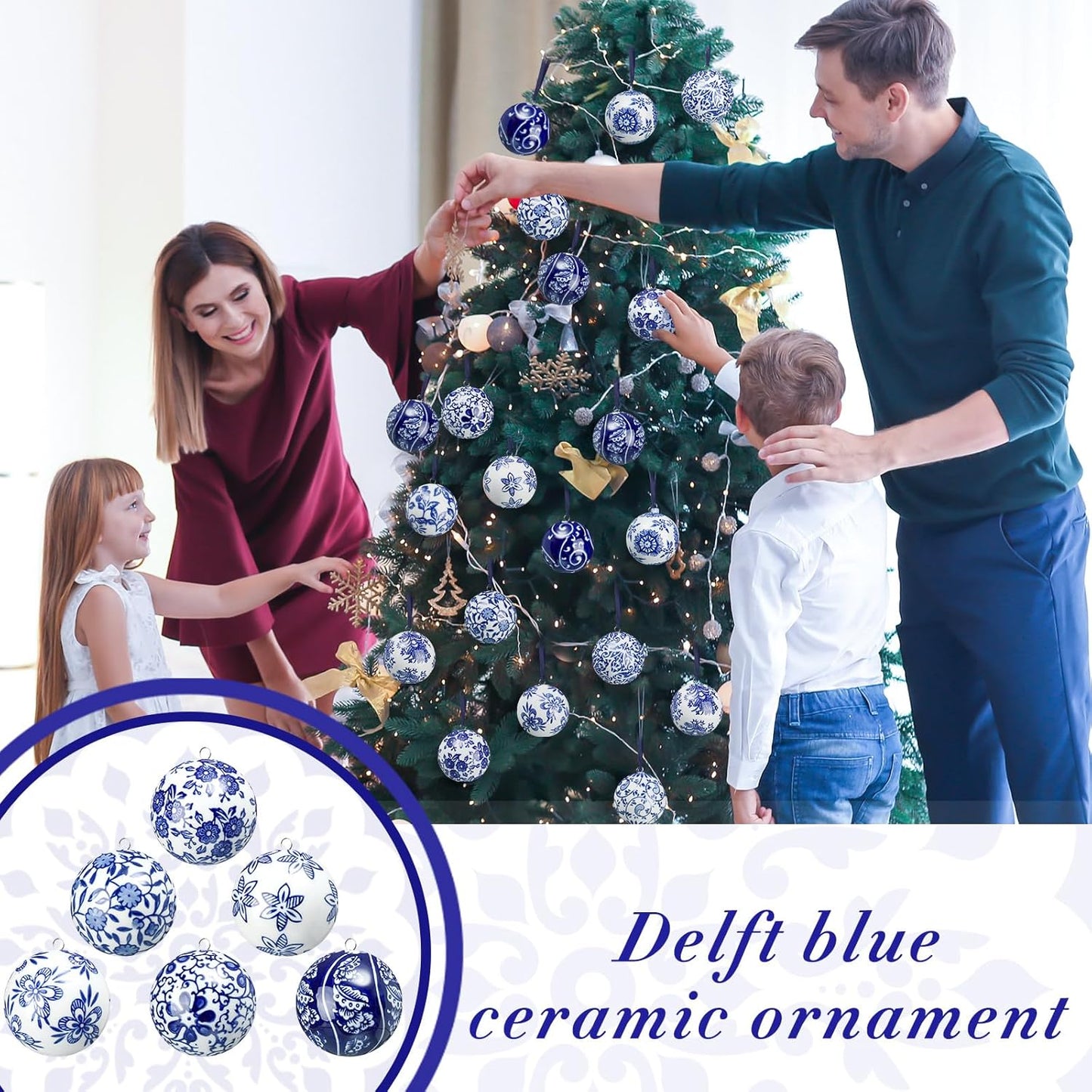 Cindeer 12 Pcs Blue and White Christmas Porcelain Balls 2.4 Inch Porcelain Chinoiserie Ornament
