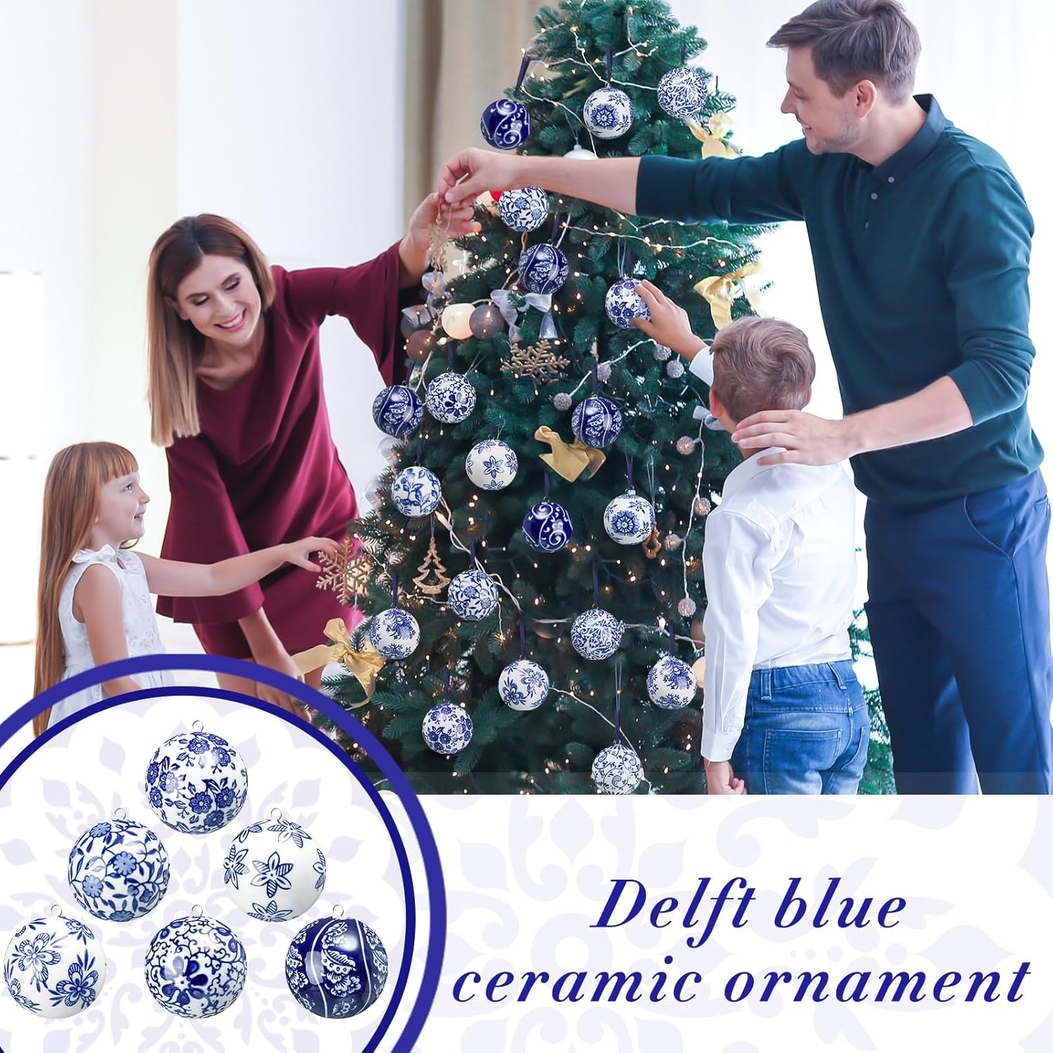 Cindeer 12 Pcs Blue and White Christmas Porcelain Balls 2.4 Inch Porcelain Chinoiserie Ornament