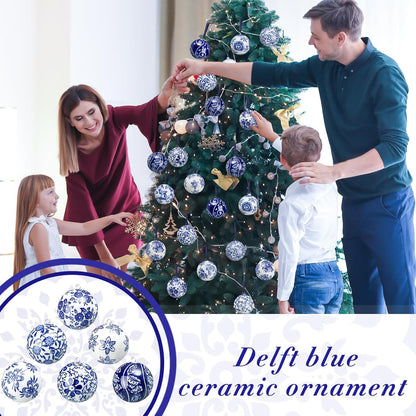 Cindeer 12 Pcs Blue and White Christmas Porcelain Balls 2.4 Inch Porcelain Chinoiserie Ornament
