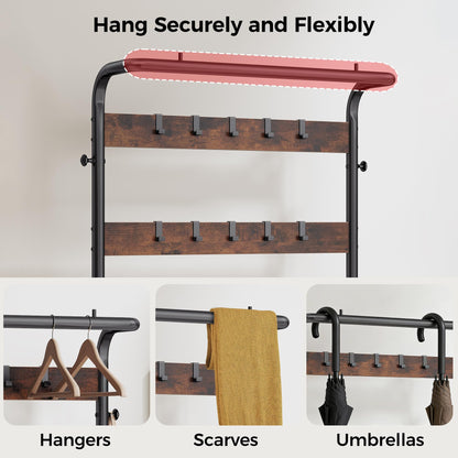 NEWBULIG Coat Rack, Hall Tree with Shoe Bench, 4-in-1 Entryway Organizer with 10 Hooks and Storage