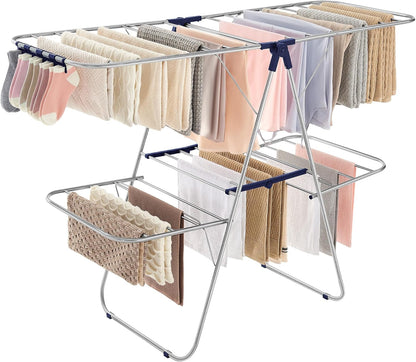 SONGMICS Clothes Drying Rack, Foldable 2-Level Laundry Drying Rack, Free-Standing Laundry Airer