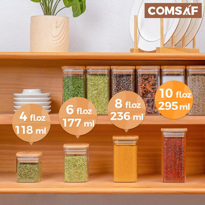 ComSaf 16Pcs Glass Spice Jars with Bamboo Lid, 10oz Airtight Square Containers with 275 Black