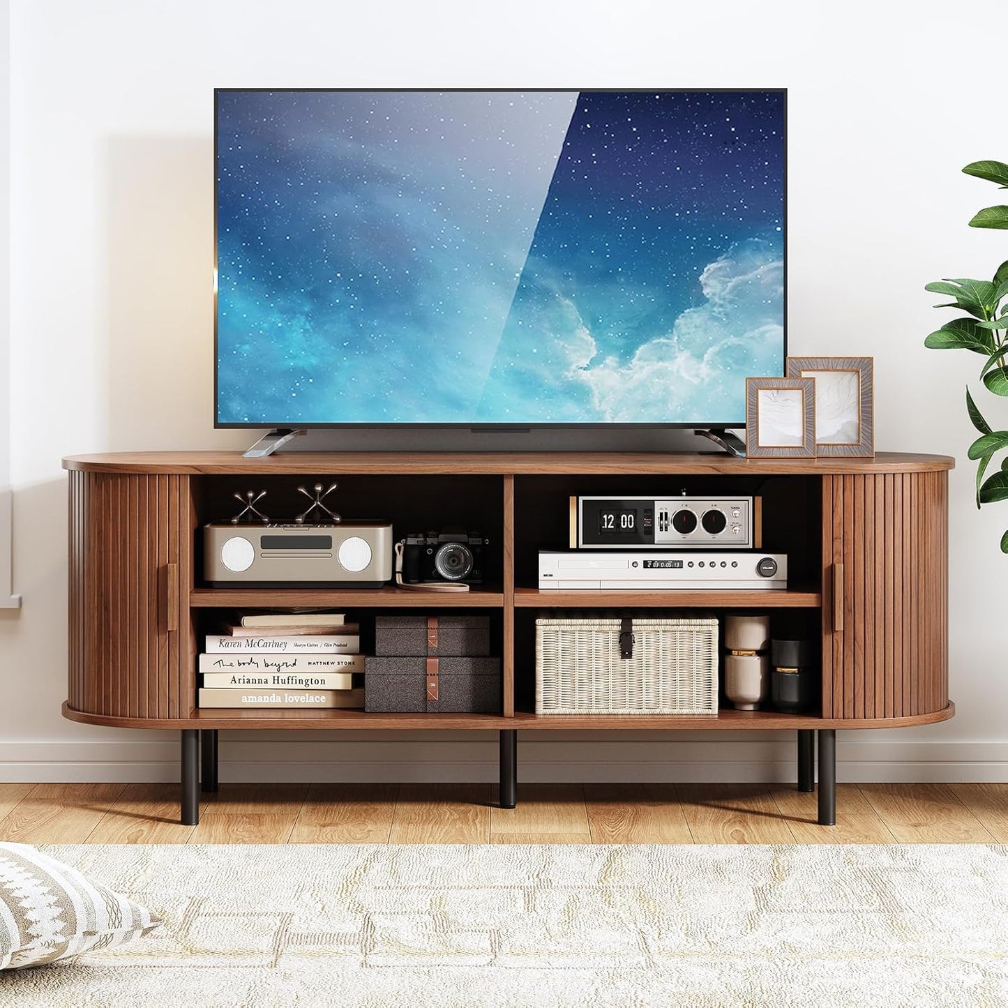 TV Stand with Power Outlet, Mid-Century Modern Television Stand, Media Console with Sliding Doors