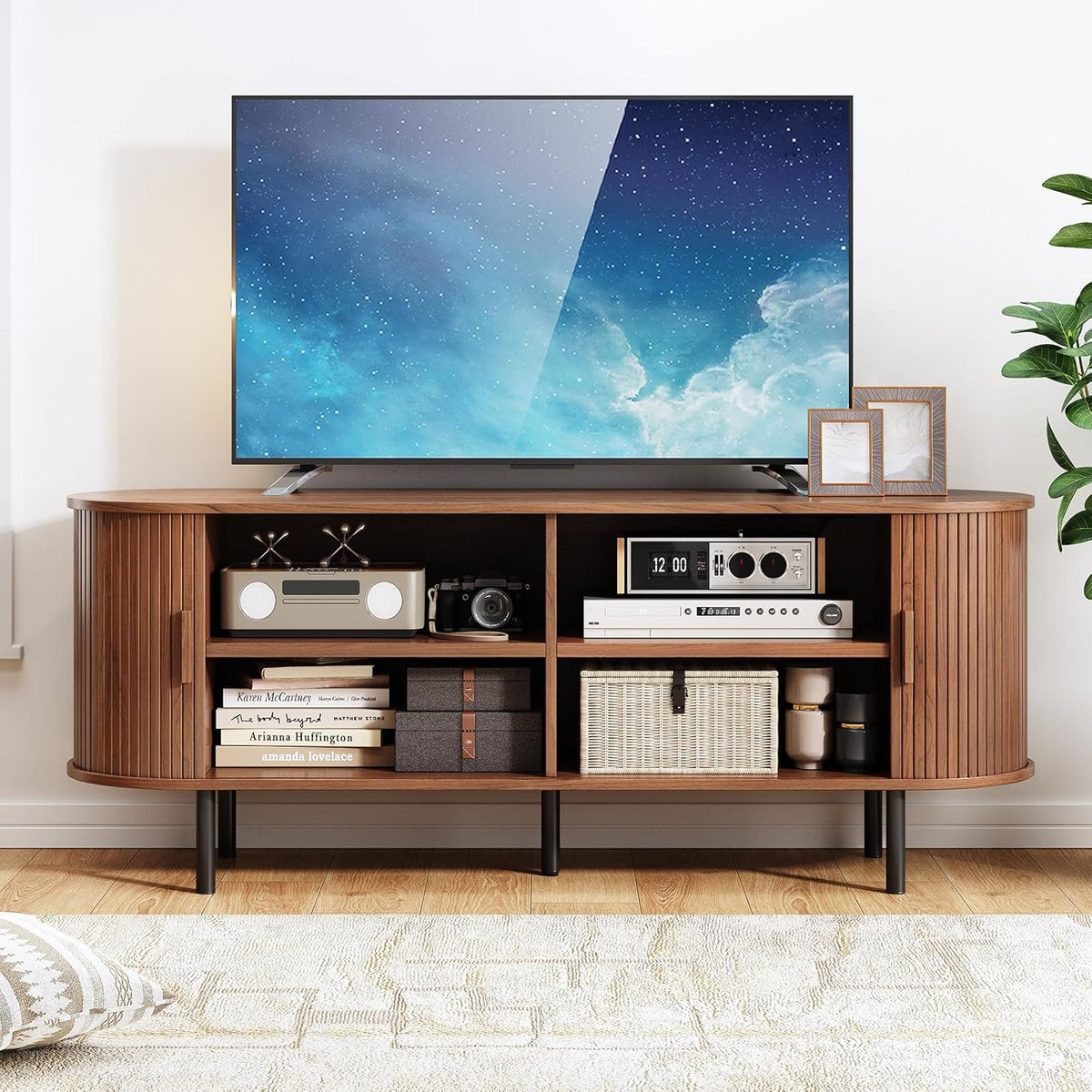TV Stand with Power Outlet, Mid-Century Modern Television Stand, Media Console with Sliding Doors