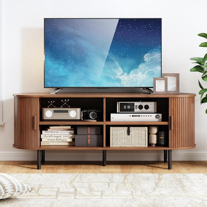 TV Stand with Power Outlet, Mid-Century Modern Television Stand, Media Console with Sliding Doors