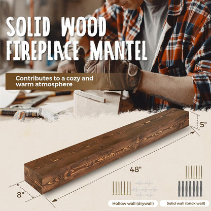 48x8x5 Fireplace Mantel - Handcrafted Hollow Rustic Solid Wood Wall Mounted Floating Shelf with