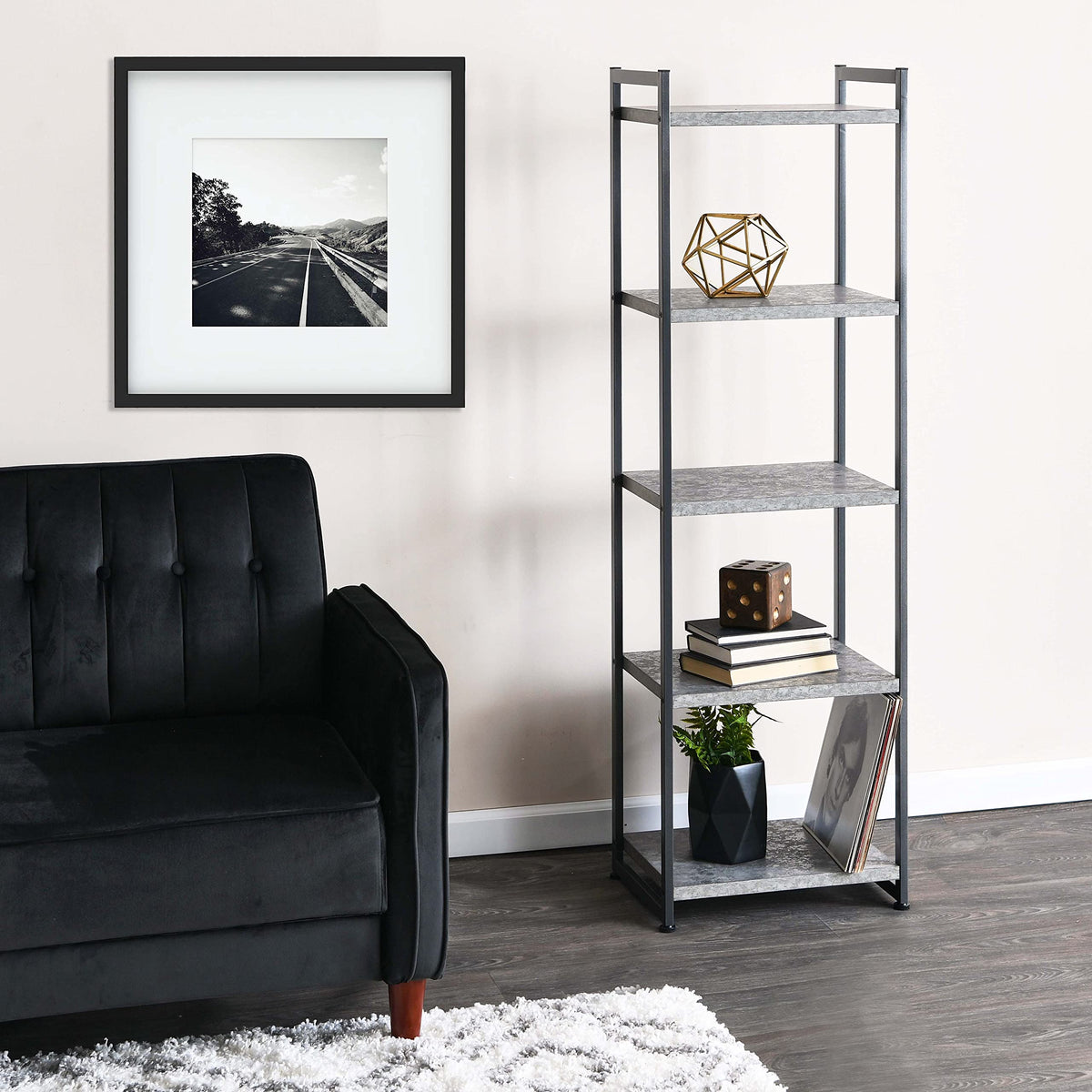 Household Essentials Slate Concrete & Iron Five-Shelf Tower Bookcase