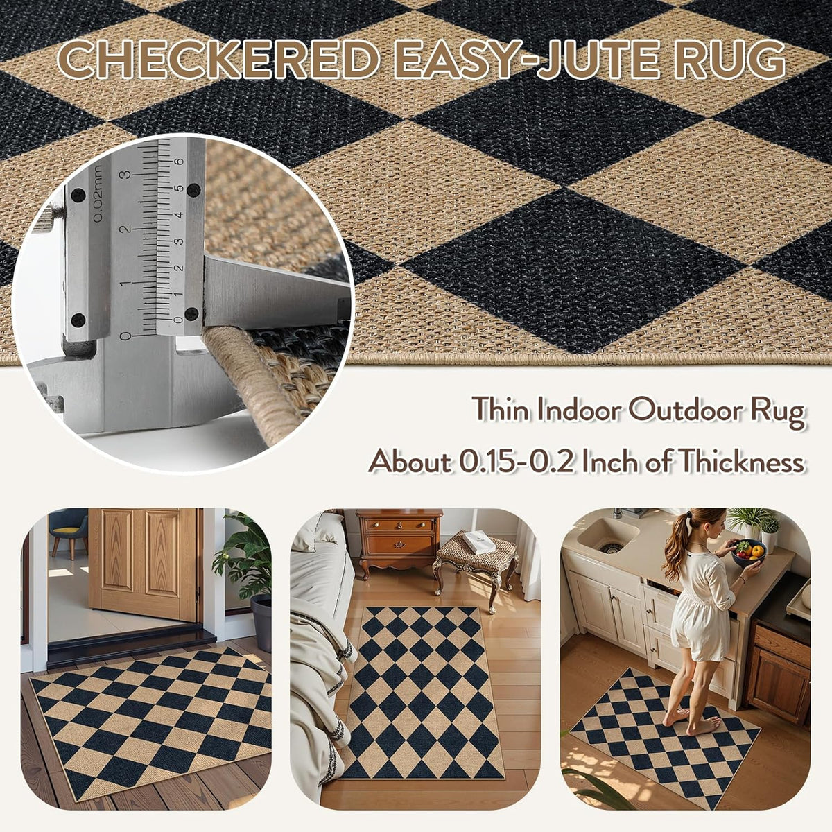 Lahome Checkered Easy Jute Kitchen Rug, 2x3 Front Door Mat Non Slip Washable Neutral Area Rug