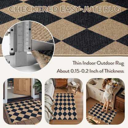 Lahome Checkered Easy Jute Kitchen Rug, 2x3 Front Door Mat Non Slip Washable Neutral Area Rug