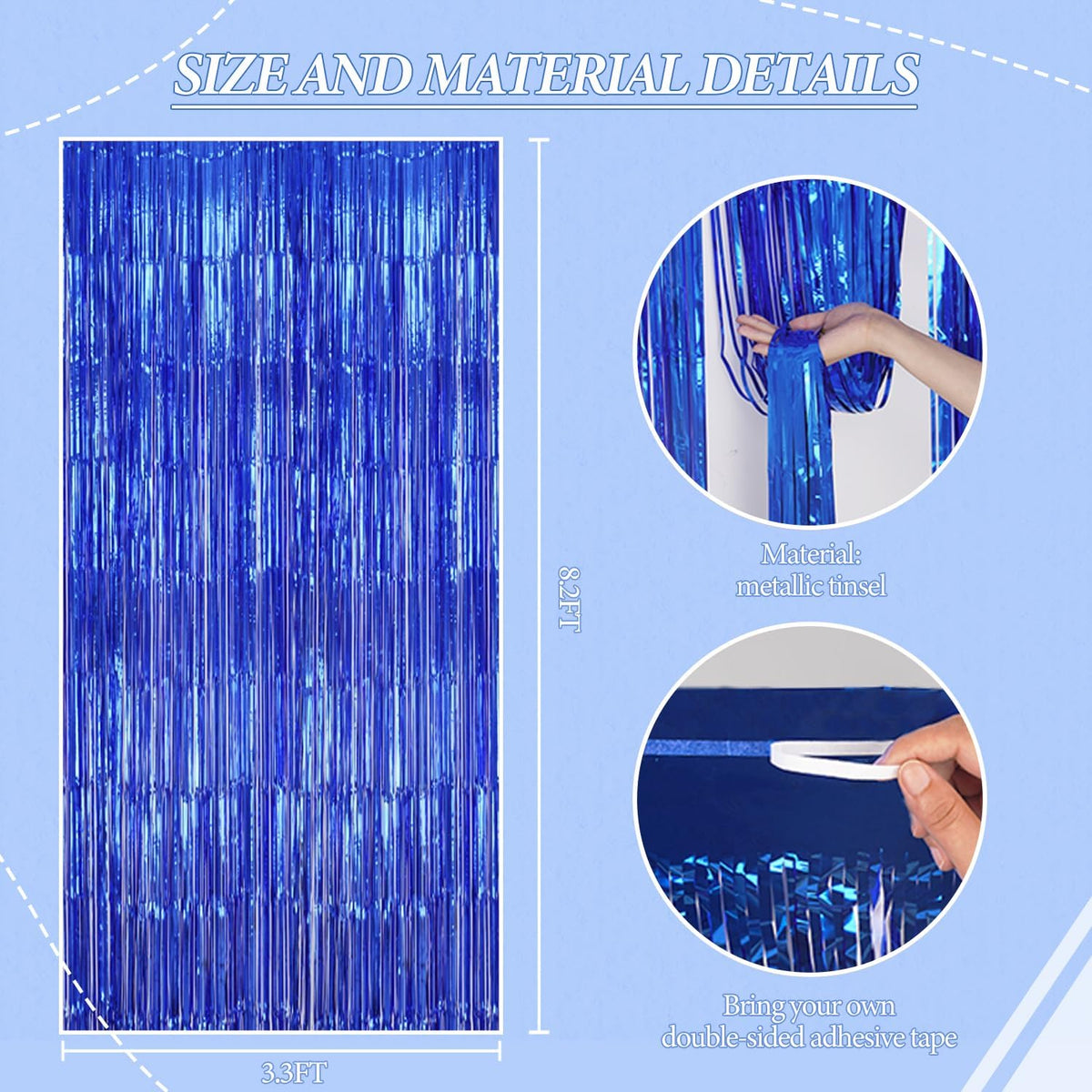 3 Pack Foil Fringe Backdrop - Royal Blue Shiny Tinsel Curtains for Party Decoration/Photo Booth