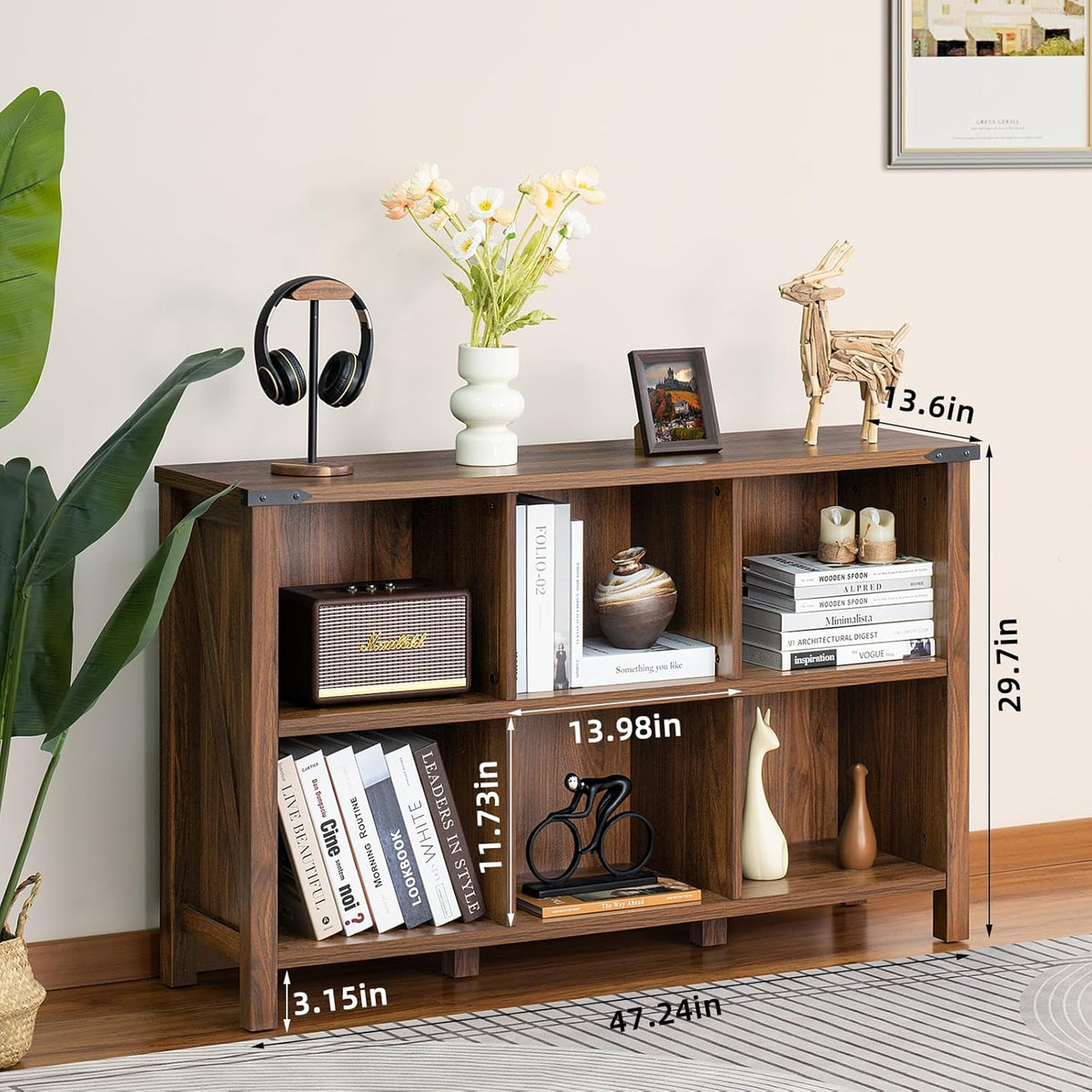 Farmhouse 6 Cube Book Shelf, Wood 3 Tier Storage Organizer Bookshelf, Brown Walnut 47" Horizontal