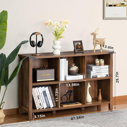 Farmhouse 6 Cube Book Shelf, Wood 3 Tier Storage Organizer Bookshelf, Brown Walnut 47" Horizontal