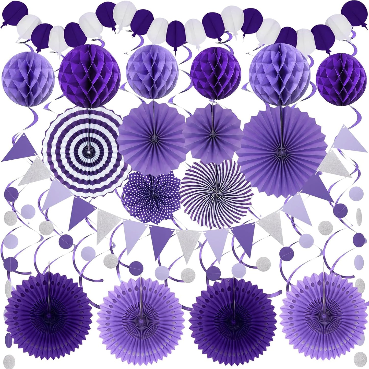 Purple Party Decorations, Birthday Party Supplies Easy Assembly Paper Fan Honeycomb Ball Garland