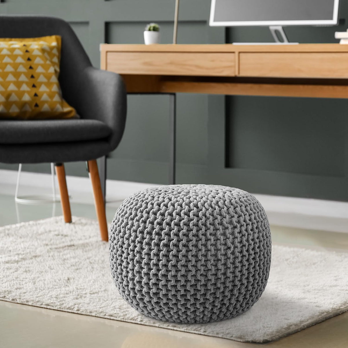 Casafield Round Pouf Ottoman, Light Gray - 20" Diameter x 14.5" High Cotton Knit Foot Stool - Boho