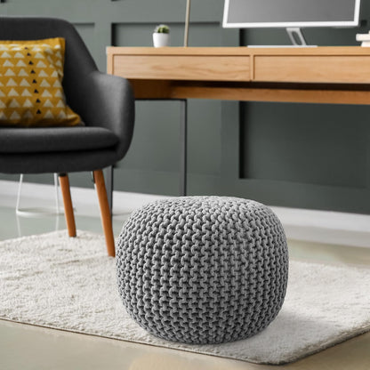 Casafield Round Pouf Ottoman, Light Gray - 20" Diameter x 14.5" High Cotton Knit Foot Stool - Boho