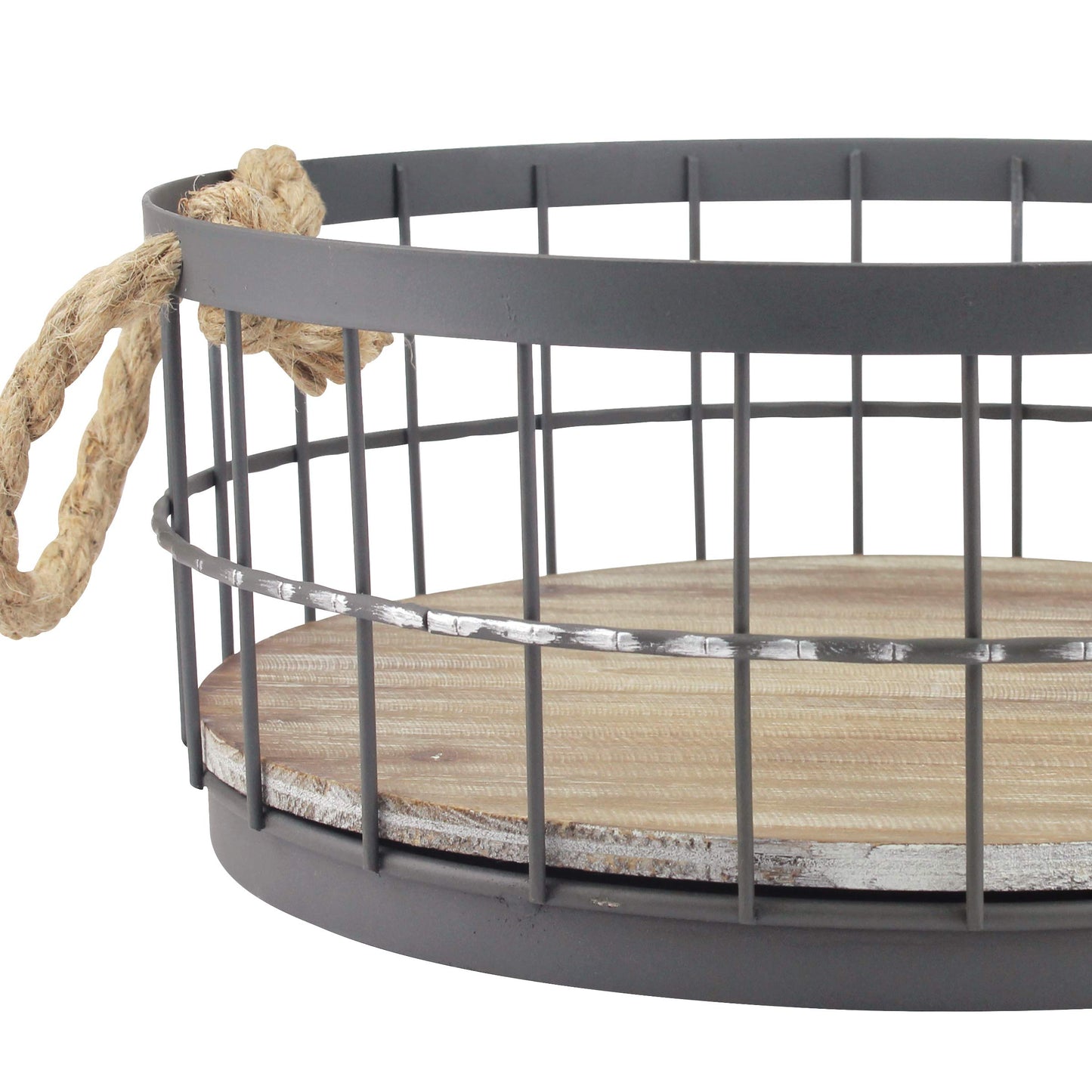 Stonebriar 2pc Round Stackable Metal Wire and Wood Basket Set with Rope Handles, Rustic Decor for