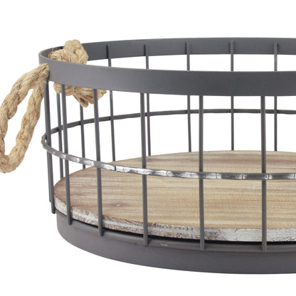 Stonebriar 2pc Round Stackable Metal Wire and Wood Basket Set with Rope Handles, Rustic Decor for