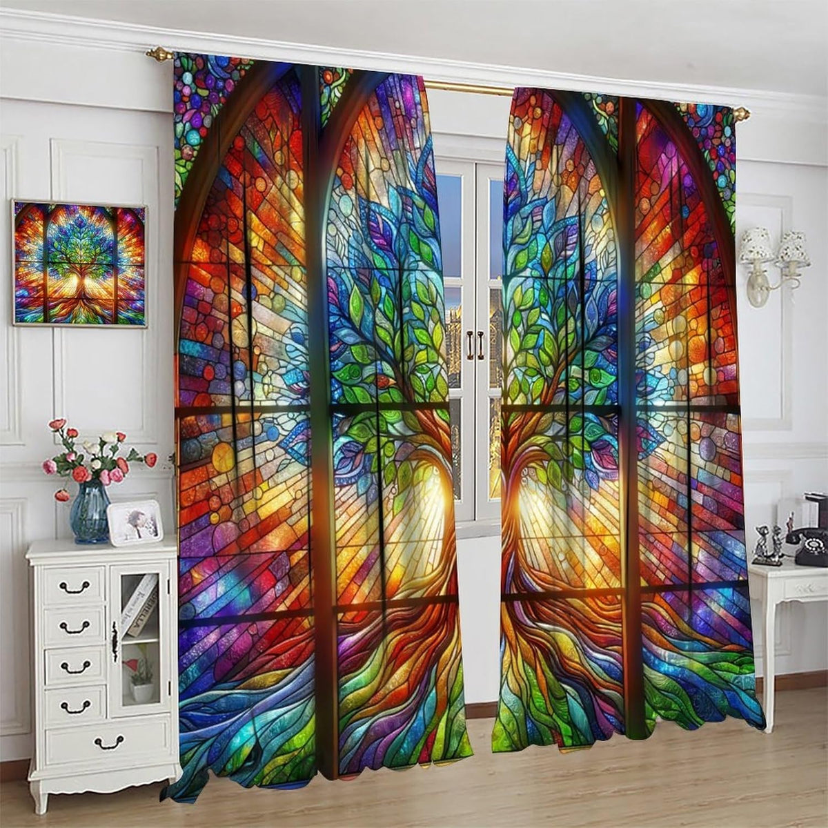 Stained Glass Curtains,Tree of Life Colorful Abstract Art Home Decor Drapes for Bedroom Living Room