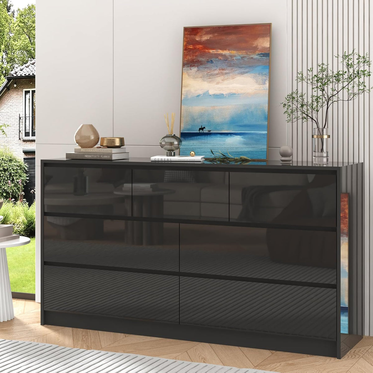 Black Malm Dresser for Bedroom, 55 Inch Long High Gloss Dresser with 7 Drawers, Modern Large Wood