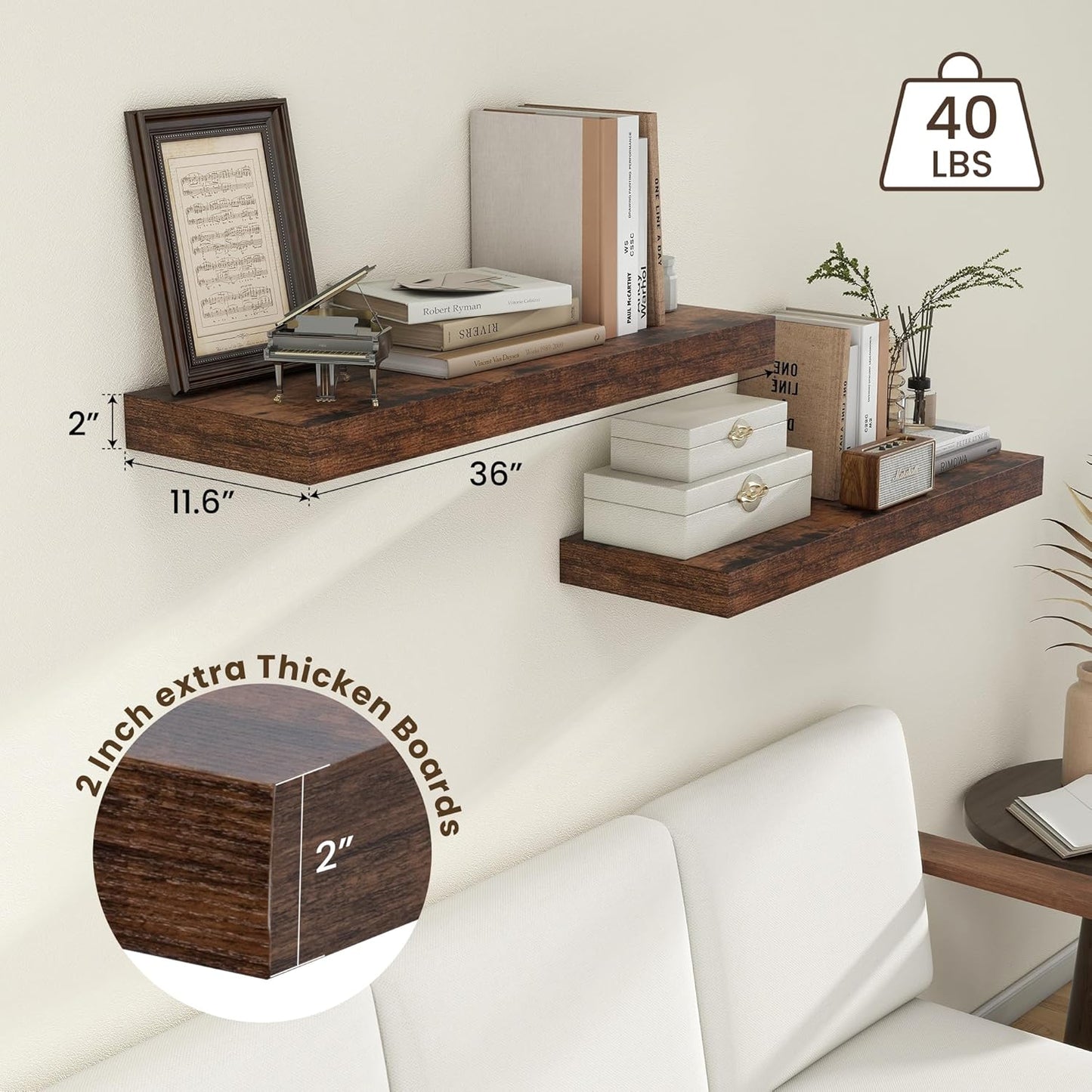 Deep Floating Shelves, 12 Inch Deep Rustic Floating Shelves for Wall Set of 2, 36W x 12D Large Wood