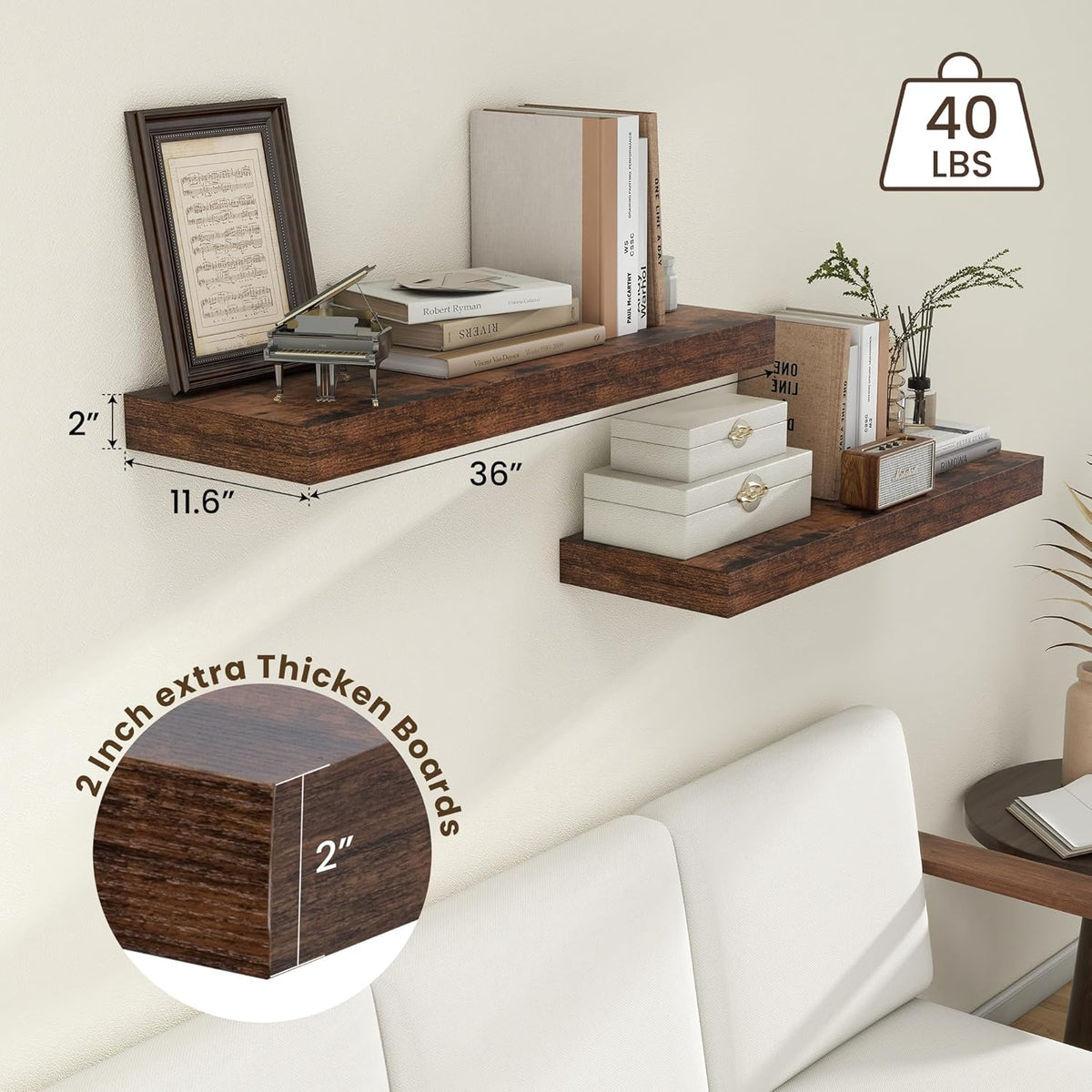 Deep Floating Shelves, 12 Inch Deep Rustic Floating Shelves for Wall Set of 2, 36W x 12D Large Wood
