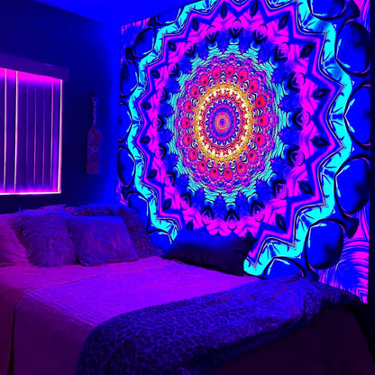 Blacklight Mandala Tapestry for Bedroom, Black Light Posters for Adults and Teens, Colorful UV