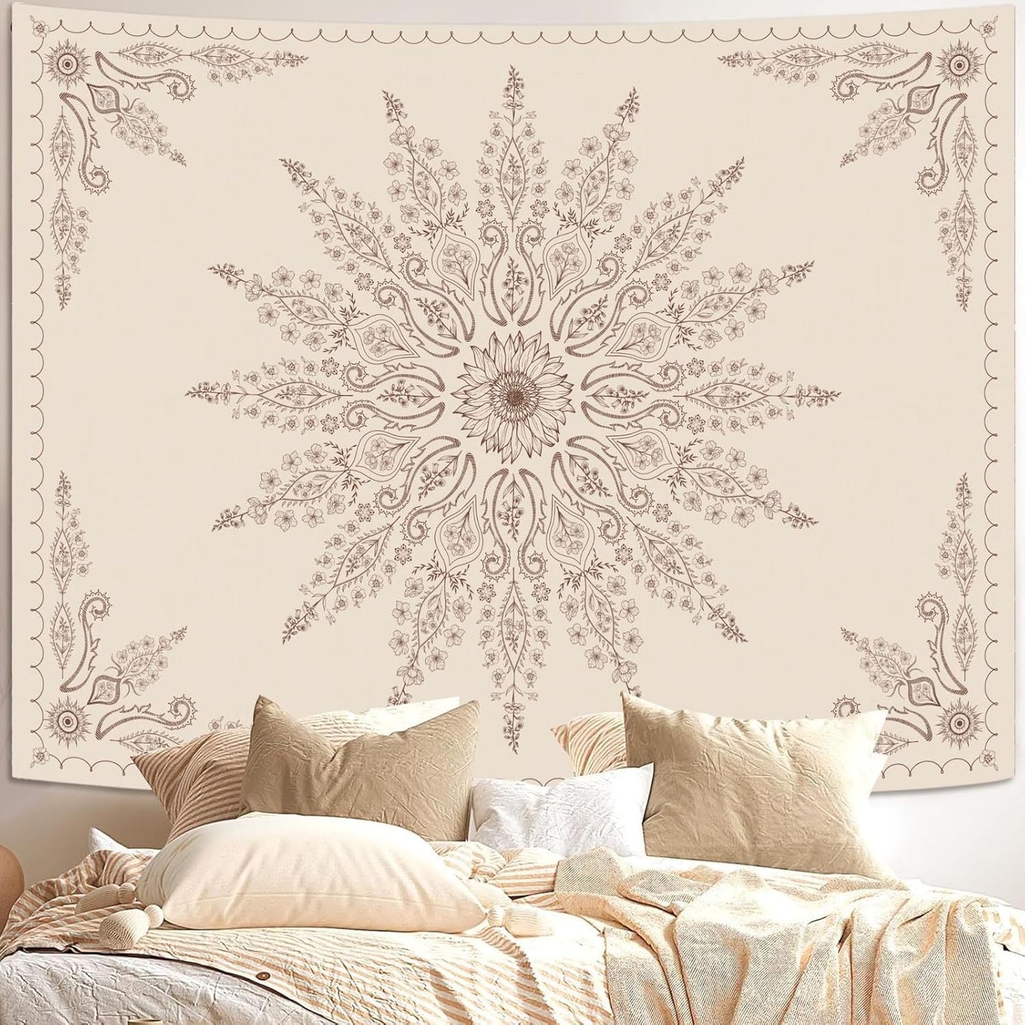 Fowocu Boho Floral Mandala Tapestry for Bedroom Aesthetic Bohemian Flower Wall Tapestry Beige