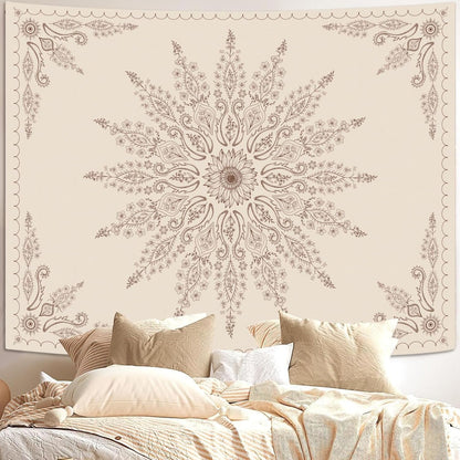 Fowocu Boho Floral Mandala Tapestry for Bedroom Aesthetic Bohemian Flower Wall Tapestry Beige