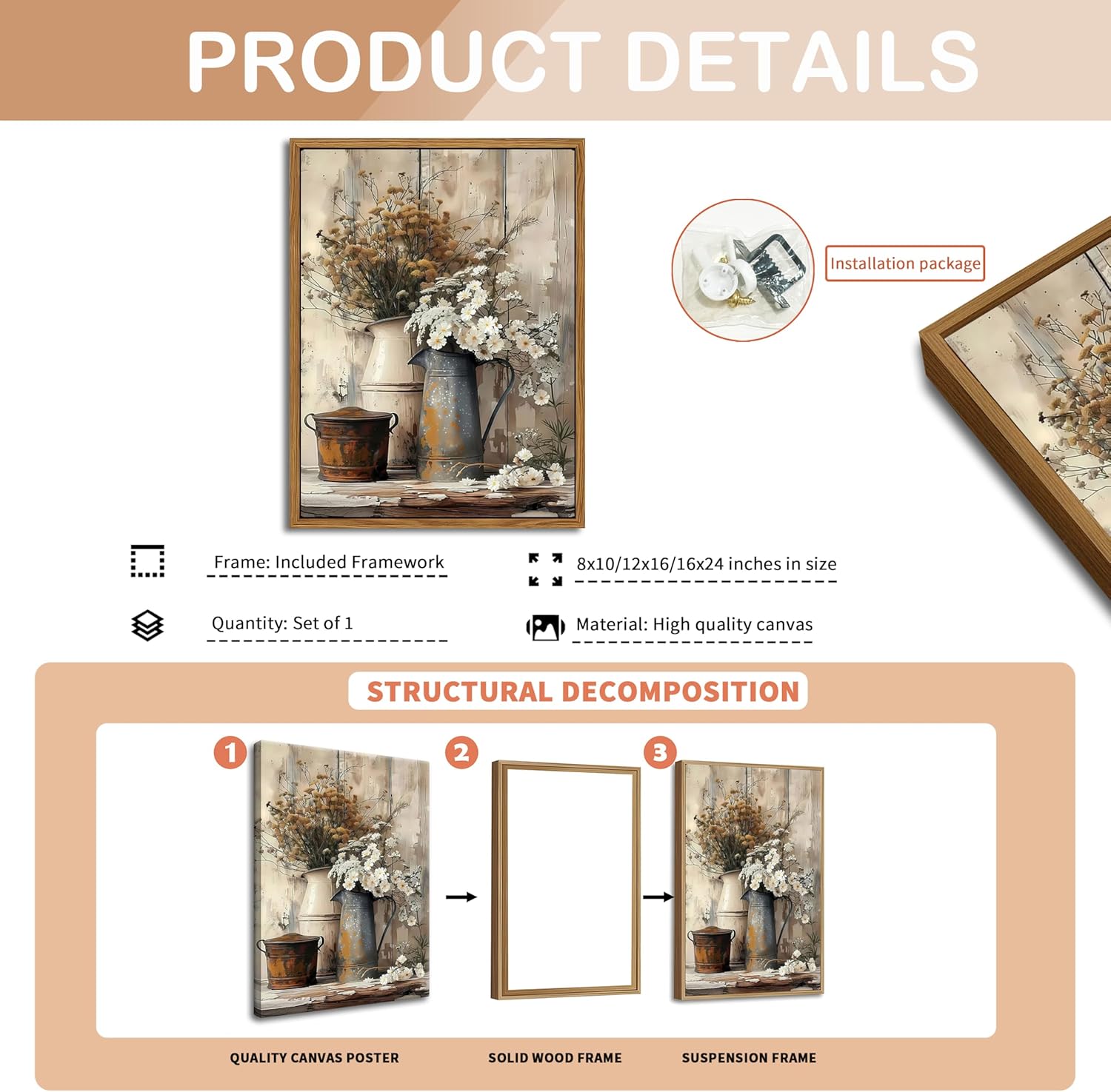 Floating Framed Farmhouse Vintage Canvas Wall Art, Country Floral Daisy Pictures Wall Decor, Wood