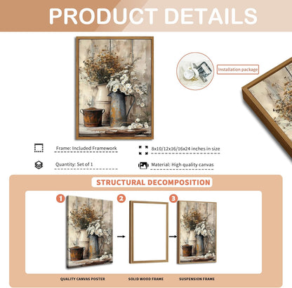 Floating Framed Farmhouse Vintage Canvas Wall Art, Country Floral Daisy Pictures Wall Decor, Wood
