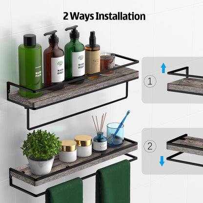 Meangood Floating Shelves Wall Mounted Set of 2, Wall Shelf with Towel Bar Rustic Wood Wall Storage